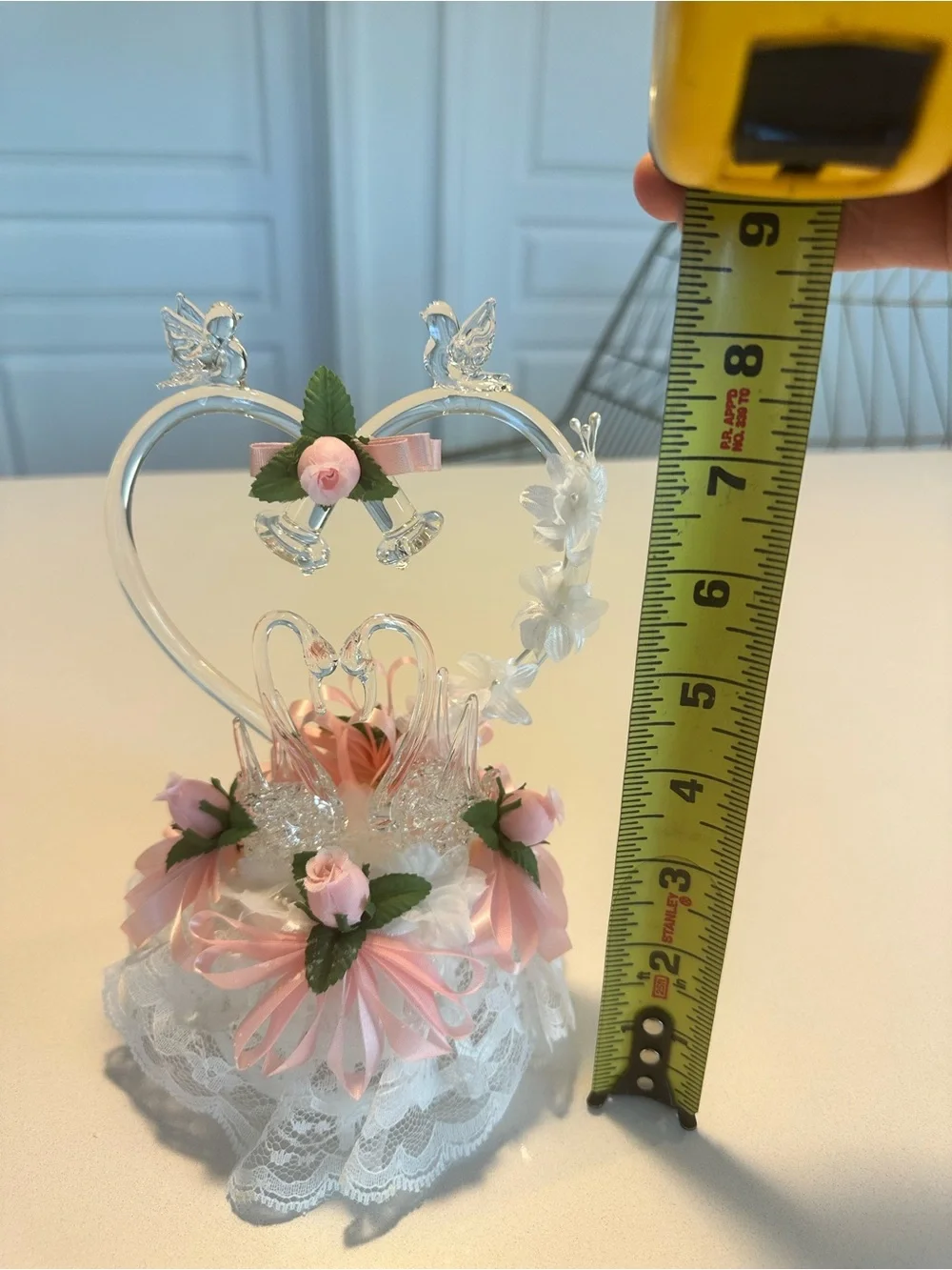 NIB Lomey Mfg Vintage Glass Swan and Heart Cake Topper